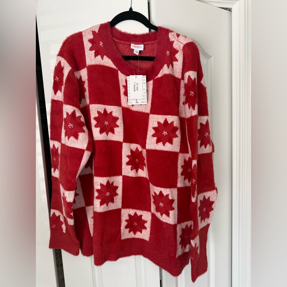 LuLaRoe Red and Pink Poinsetta Pattern Berrie Sweater
